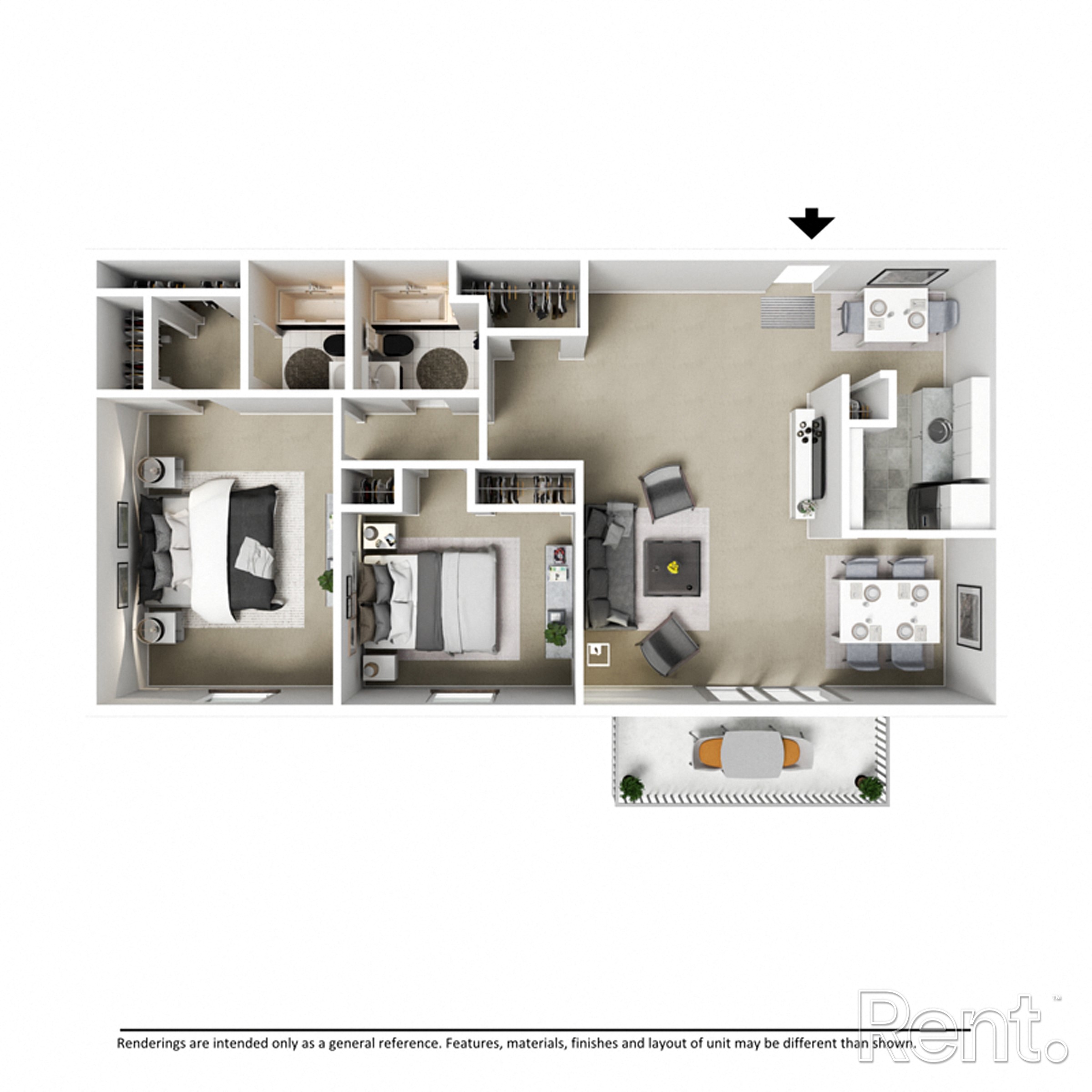 Floor plan for 2 beds, 2 baths, 1100 sqft